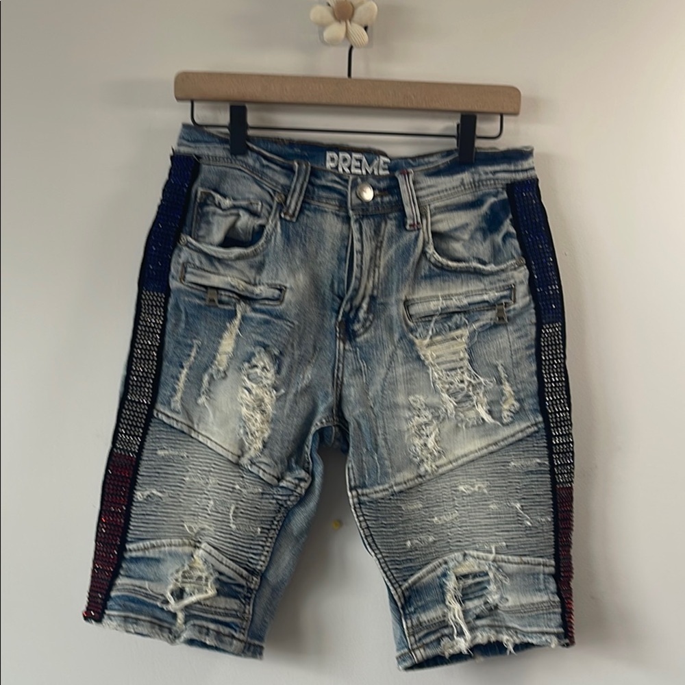 PREME  Blue Jean Shorts with Distressed Details and Side Stripes